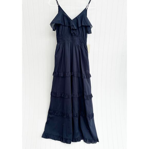 Trovata Birds of Paradis Lisboa Dress Navy Blue V Neck Maxi Sleeveless XS NWT - Picture 3 of 10